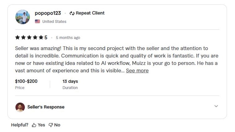 Second Fiverr review from popopo123 (United States) — 5 stars