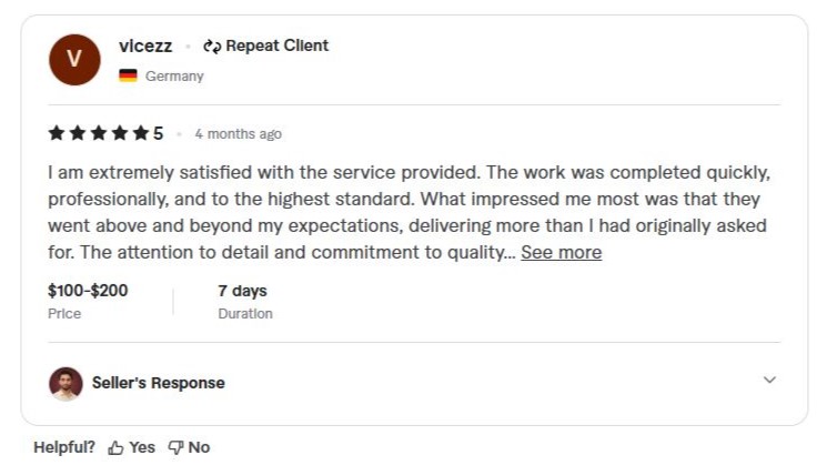 Second Fiverr review from vicezz (Germany) — 5 stars